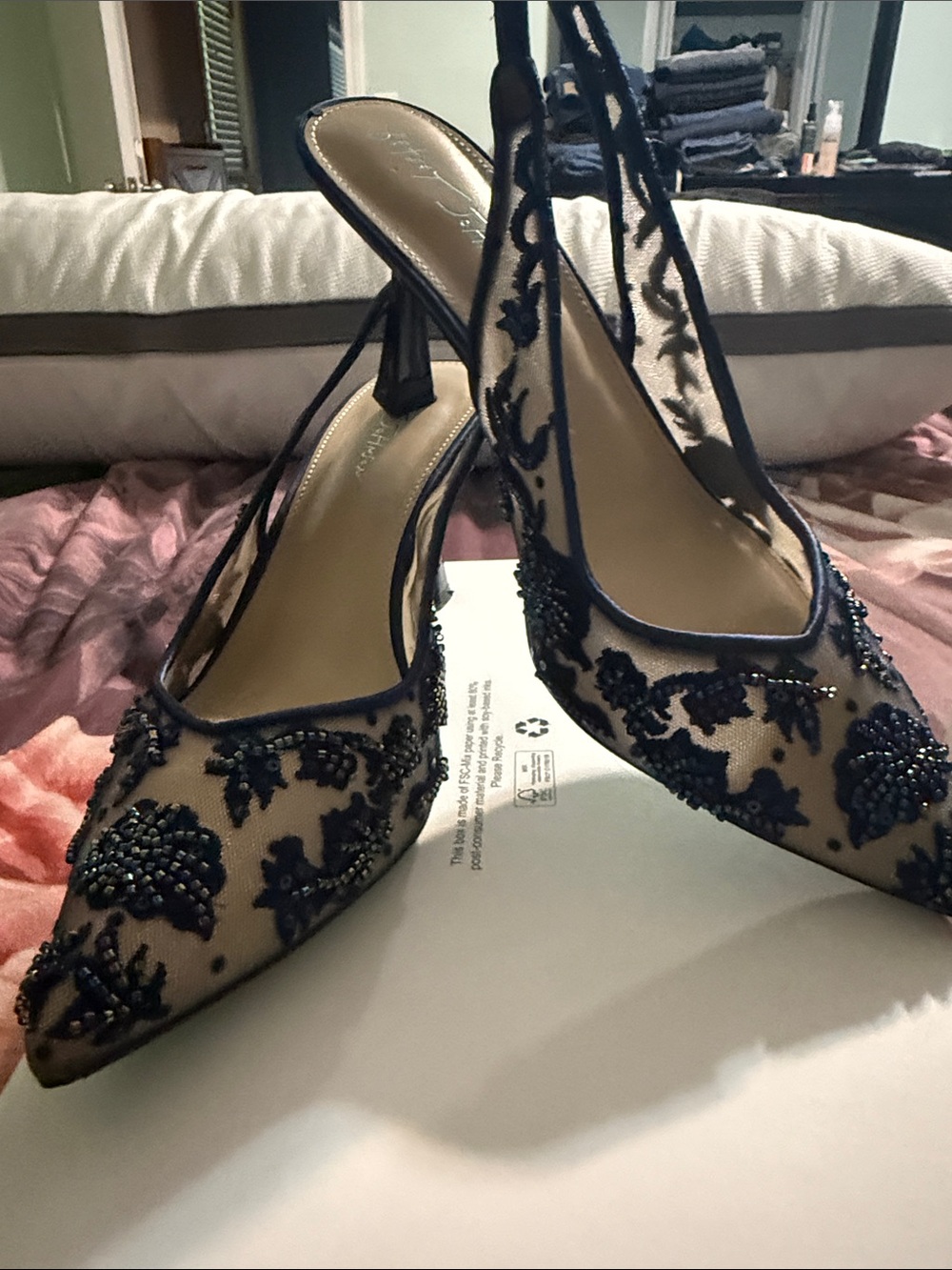 Betsey Johnson Navy and Nude Beaded Slingback Pointed Pumps - Picture 3 of 5